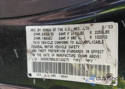 2003 Honda Cr-V Ex из США, поврежденный, VIN SHSRD78843U124270